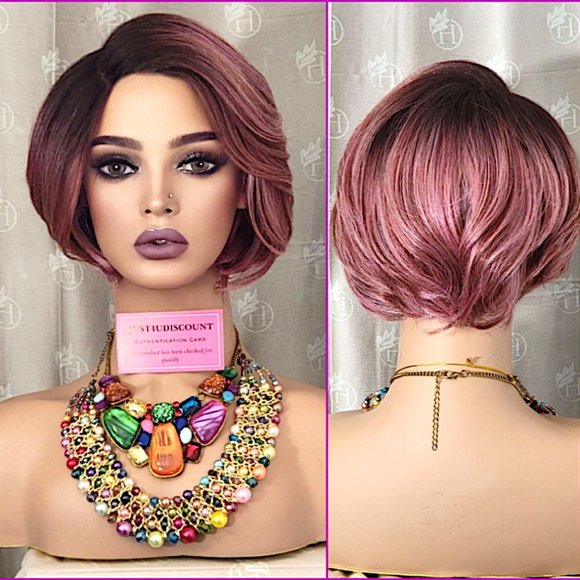 pink rose gold Human hair blend bob wig